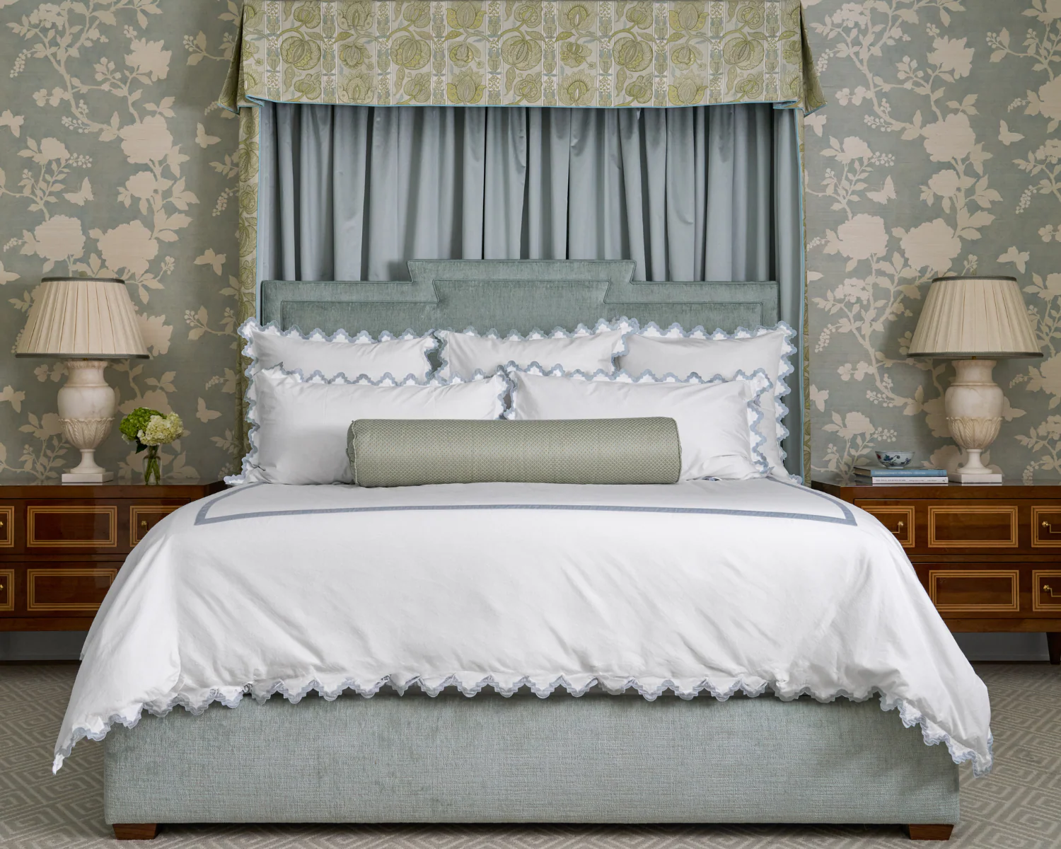 We hope you are having a fabulous day. We are so excited to share this gorgeous home designed by Dunbar Road Design Full of charm and character, it's the perfect place for entertaining or for family relaxation. Nathan Schroder Photography - love the pink design and chair with wallpaper on the ceiling - blue and white bedroom with fabric canopy bed