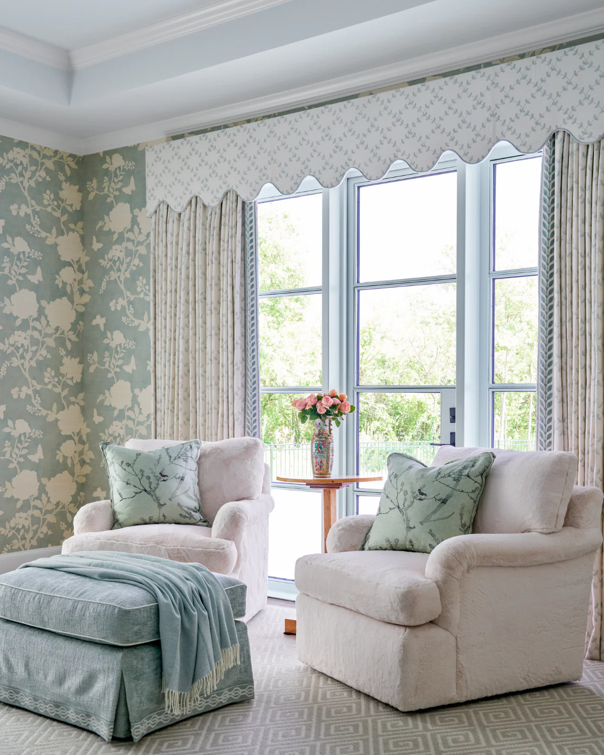We hope you are having a fabulous day. We are so excited to share this gorgeous home designed by Dunbar Road Design Full of charm and character, it's the perfect place for entertaining or for family relaxation. Nathan Schroder Photography -beautiful blue and white sitting room in bedroom