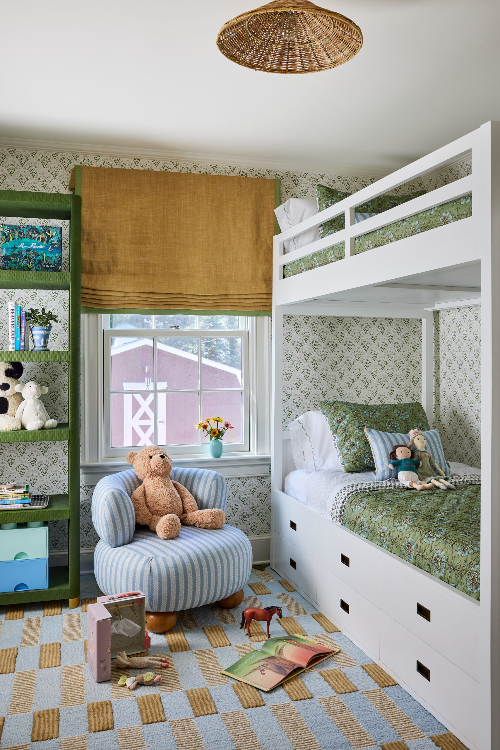 Kristen Francis Photography | Frances Bailey Stylist - bunk beds in bedroom in green and white with wicker chandeliers