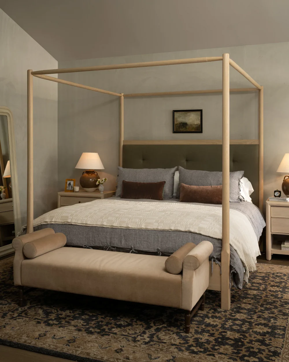 Refined yet laid-back, elegant yet welcoming, these stunning Studio McGee bedrooms,  feel like home. light blonde wood canopy bed in gorgeous green velvet - Lucy Call Photography