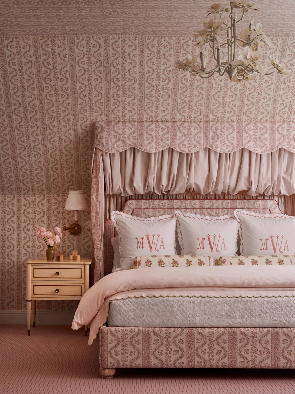 love the pink bedroom with monogrammed pillows - Stephen Karlish Photography - Jenkins INteriors