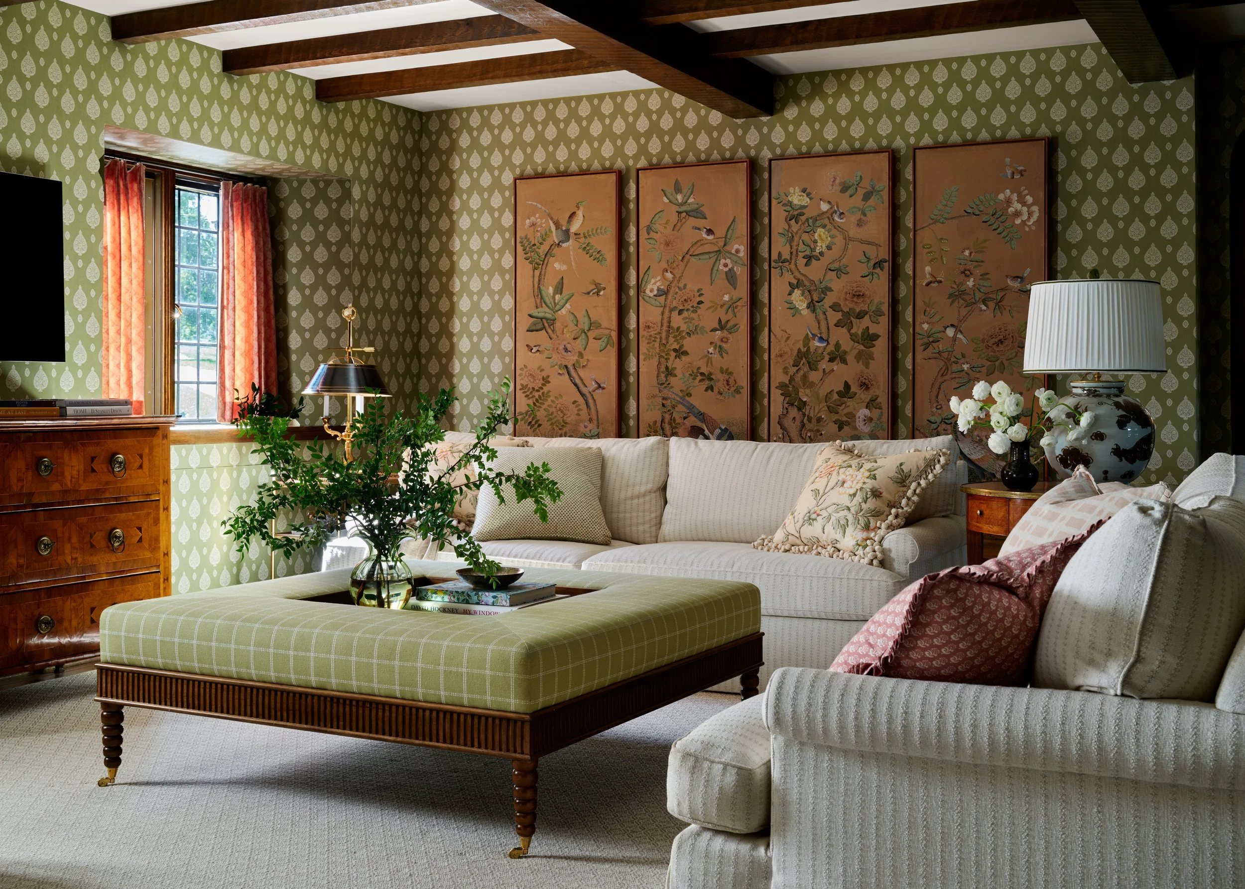 You'll love how Jenkins Interiors beautifully blends old and new in this timeless home, preserving history while updating it for modern life. Love the are in the family room with the wood beams and wallpapered walls - Stephen Karlish Photography
