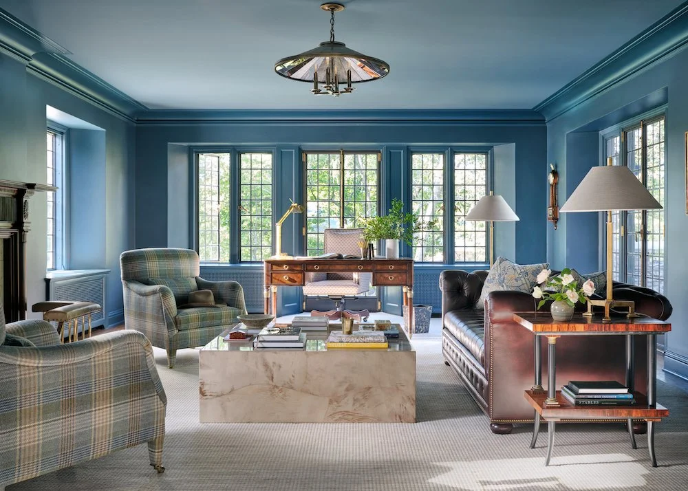 Jenkins Interiors timeless home, preserving history while updating it for modern life. - love the moody blue color drenched room - Stephen Karlish Photography