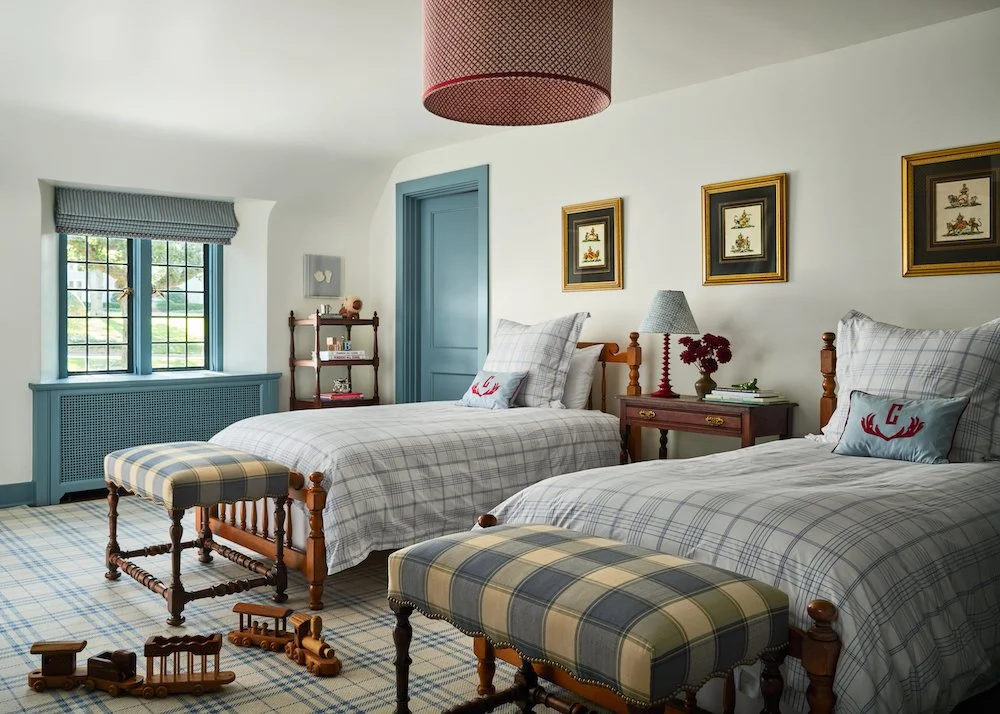 Jenkins Interiors timeless home, preserving history while updating it for modern life. 0- love the boys' bedroom with the blue and white plaid bedding - Stephen Karlish Photography