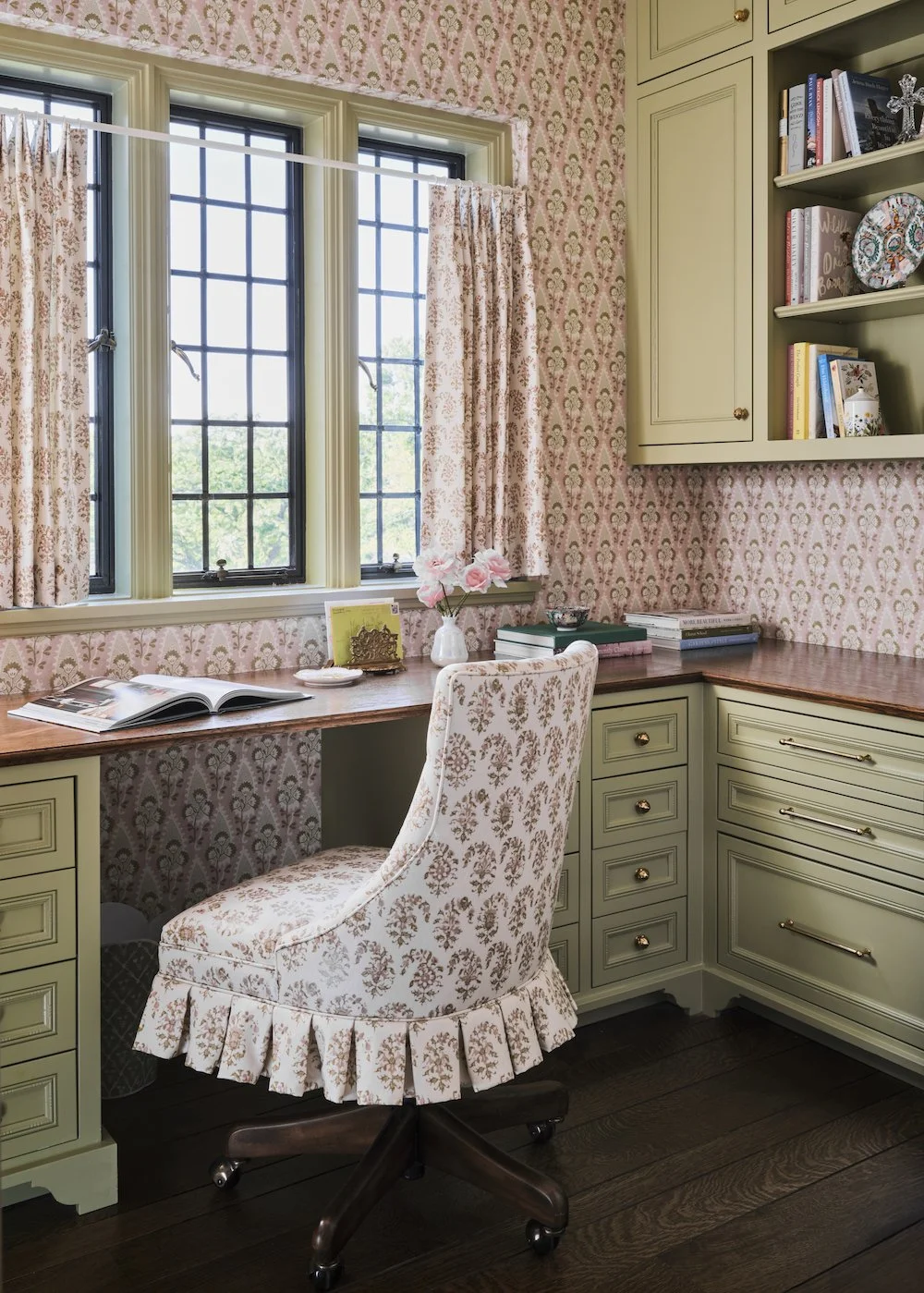 Jenkins Interiors timeless home, preserving history while updating it for modern life. The most charming home office with wallpaper and green cabinets - Stephen Karlish Photography