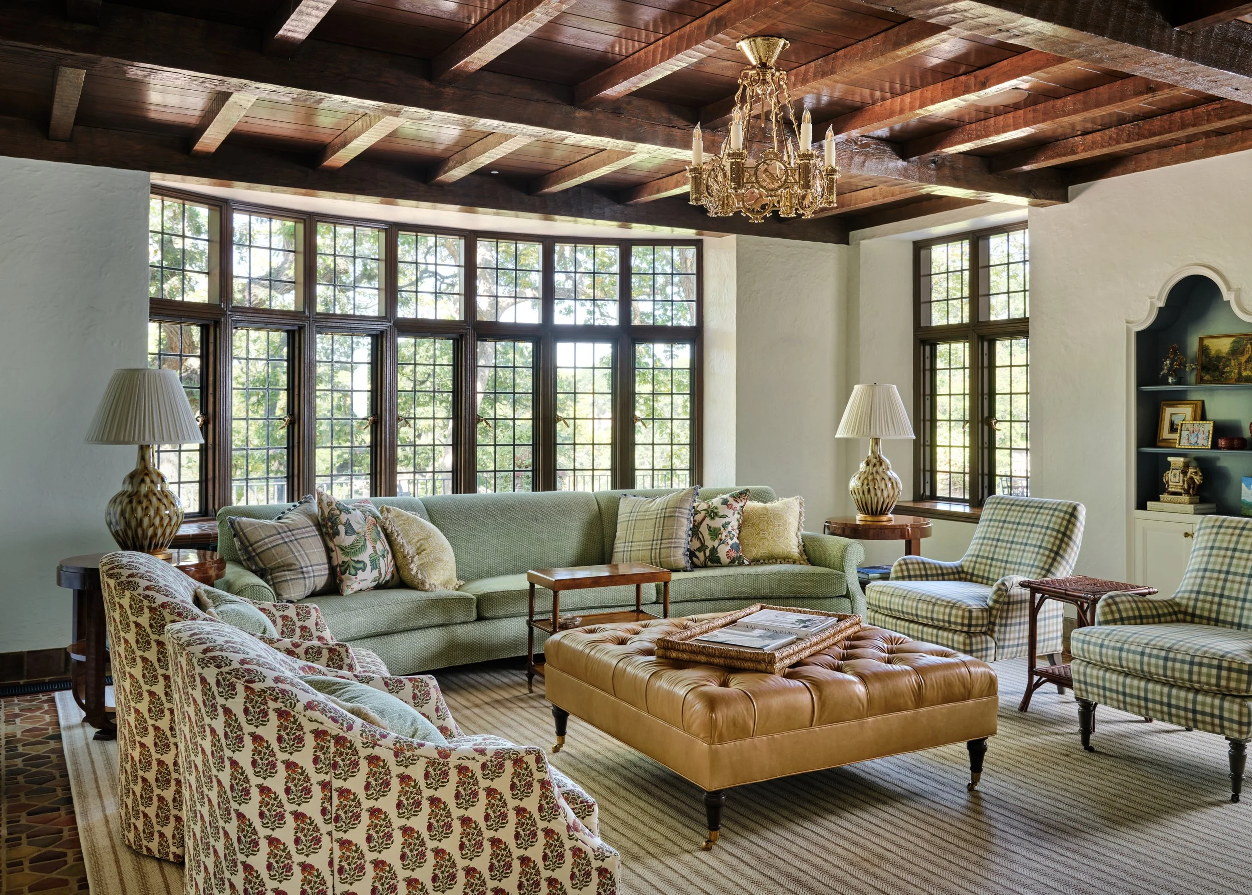 You'll love how Jenkins Interiors beautifully blends old and new in this timeless home, preserving history while updating it for modern life. Love the stained wood beam ceiling in the living room - Stephen Karlish Photography