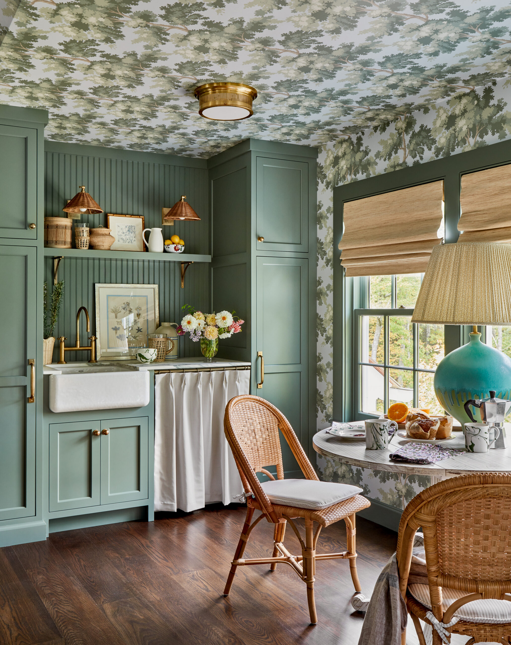 Rikki Snyder Photography | Frances Bailey Stylist - gorgeous green breakfast room with wallpaper on the ceiling