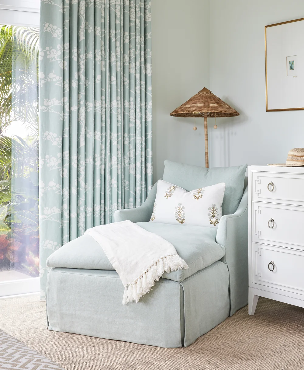  blue and white draperies and wicker floor lamp- Kara Miller Interiors - Brantley Photography