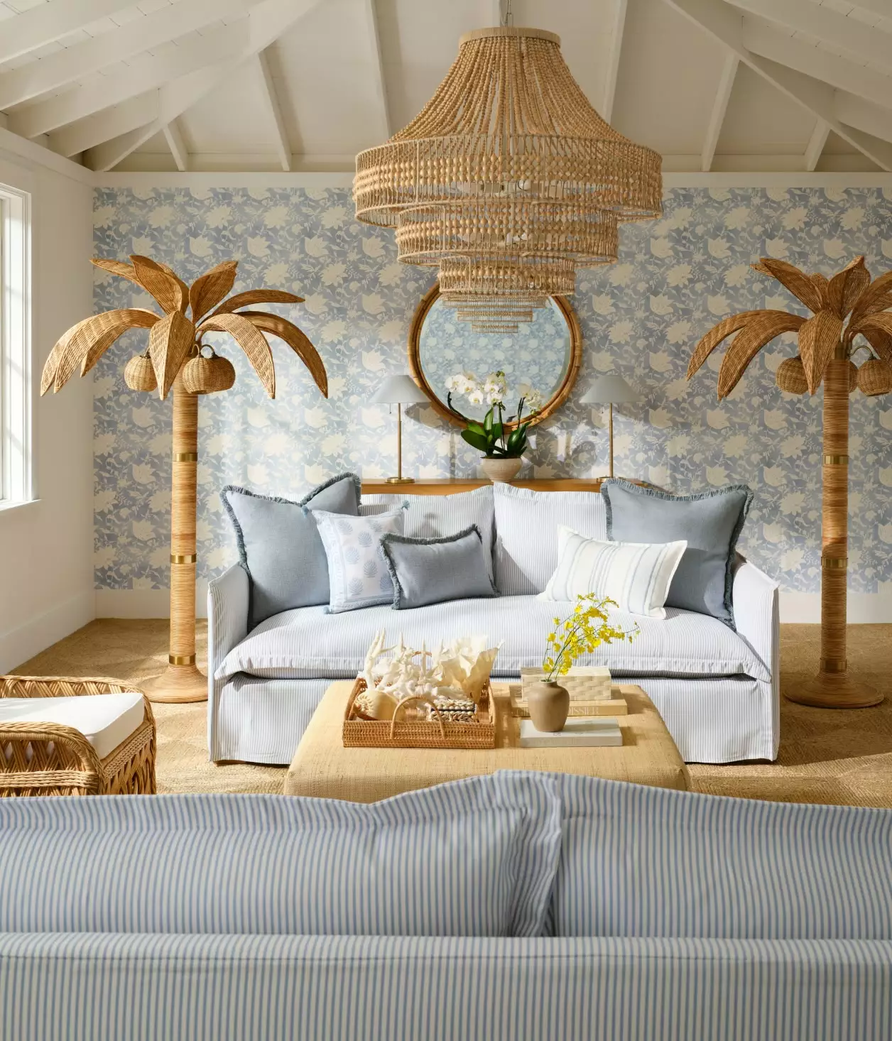 beautiful blue interiors with blue and white wallpaper and wicker - Serena and Lily