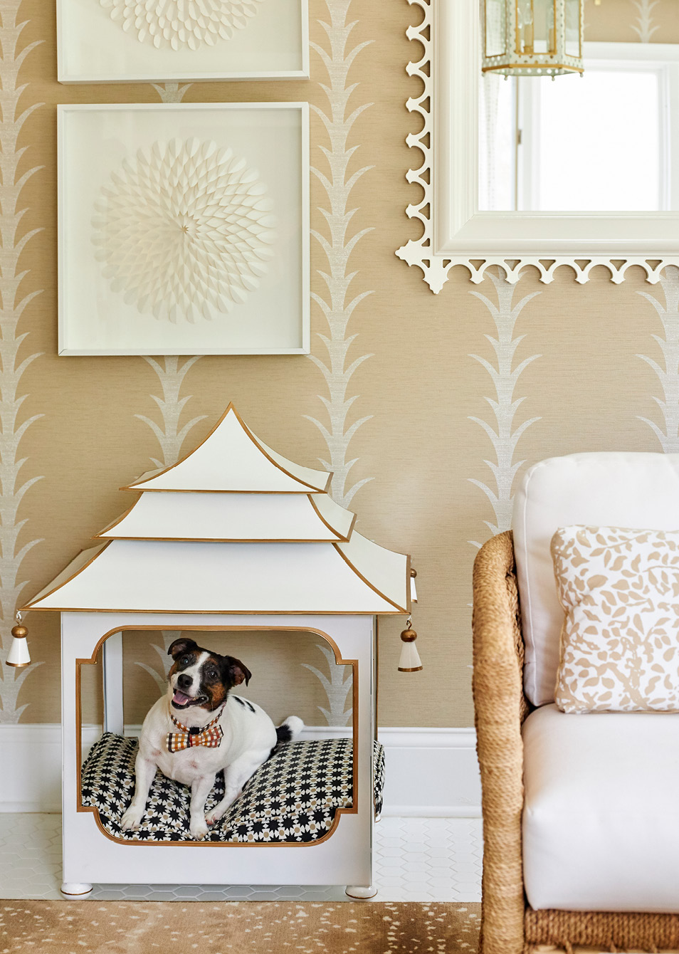 Step inside this home from Amanda Reynal, and then take another peek so you don't miss a single detail! - Adam Albright PHotography - love the neutral interiors accented by the Schumacher acanthus leaf wallpaper - love the precious dogbed