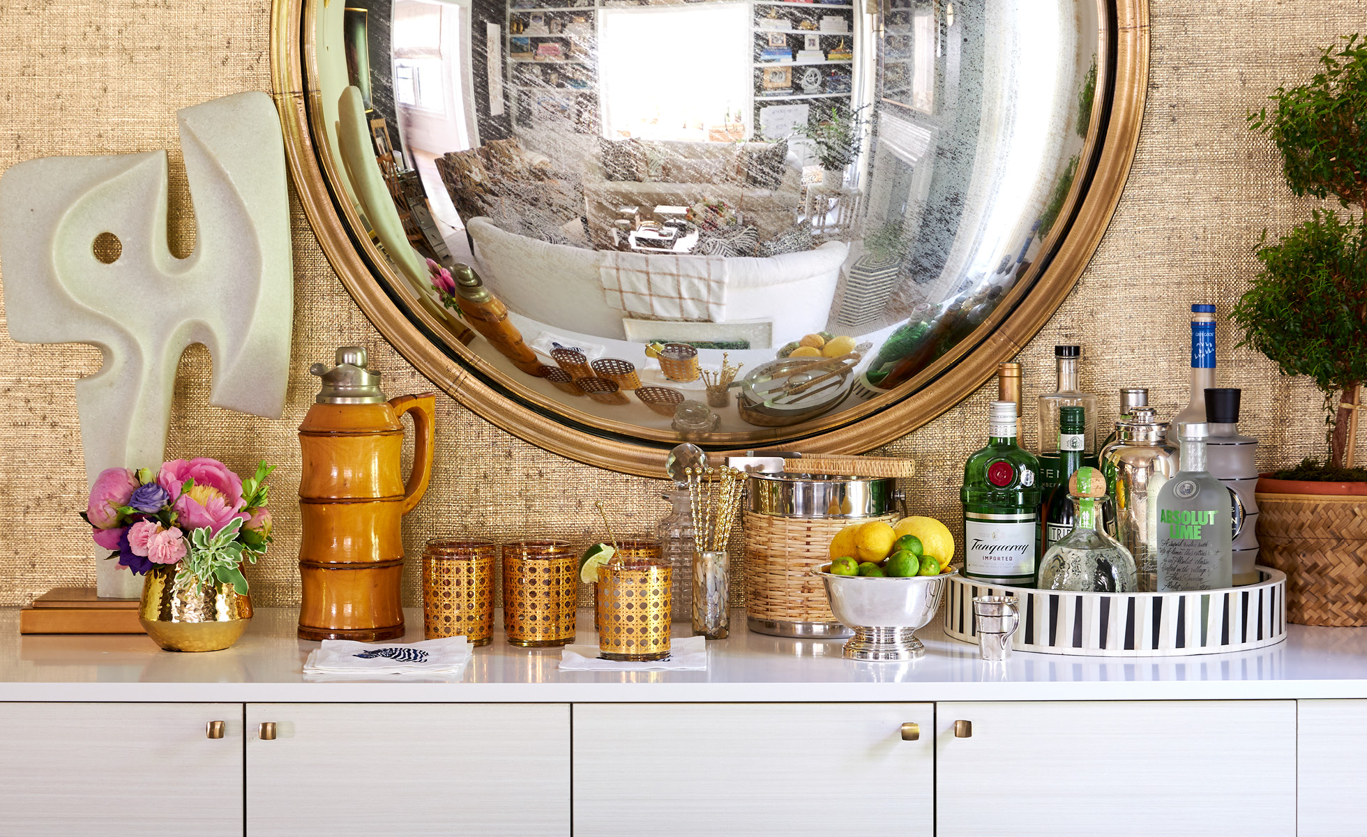 Step inside this home from Amanda Reynal, and then take another peek so you don't miss a single detail! - Adam Albright PHotography - love the neutral interiors interiors of this warm with the convex mirror and warm grasscloth walls