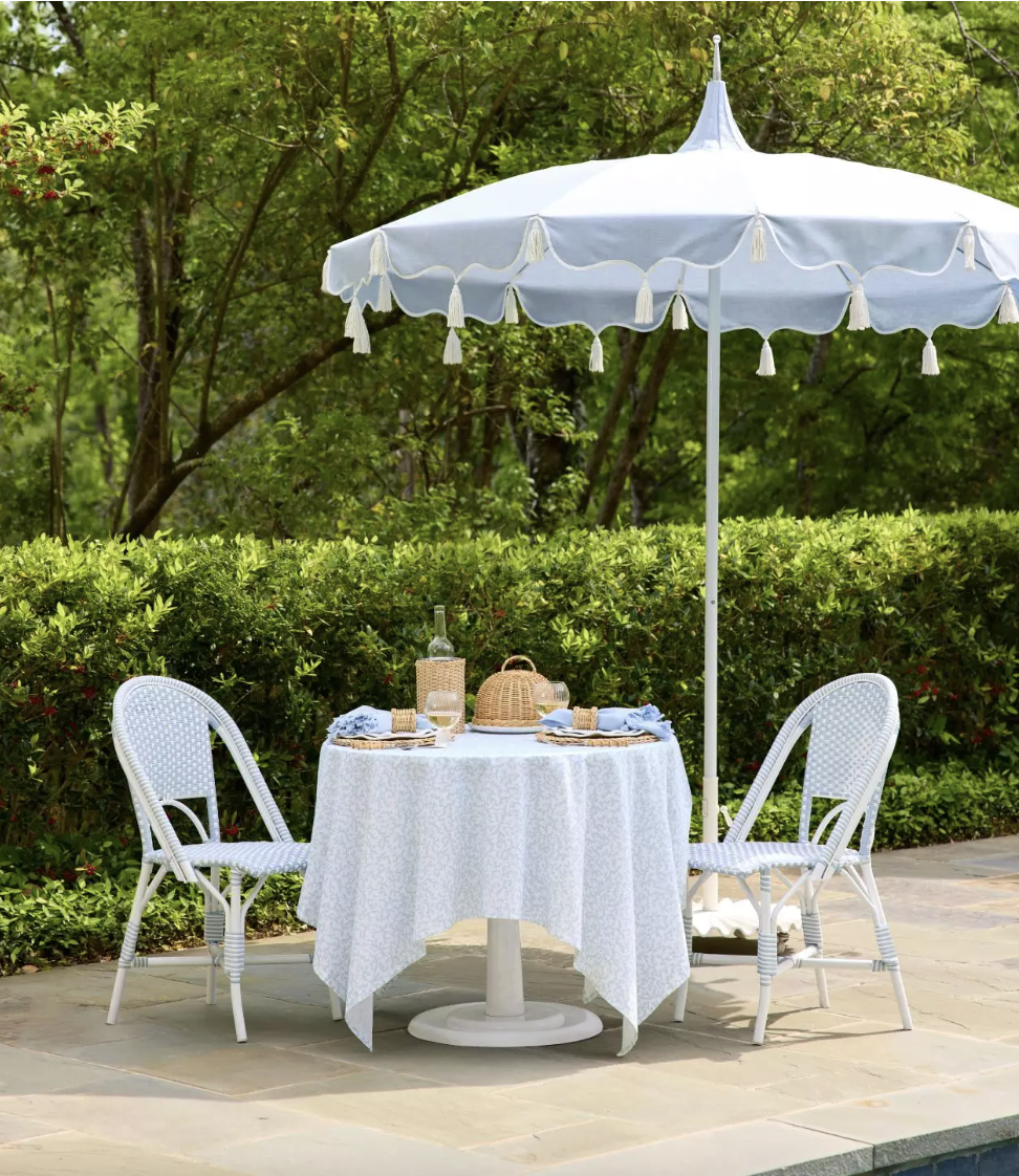 beautiful blue interiors with blue and white wallpaper and wicker - Serena and Lily