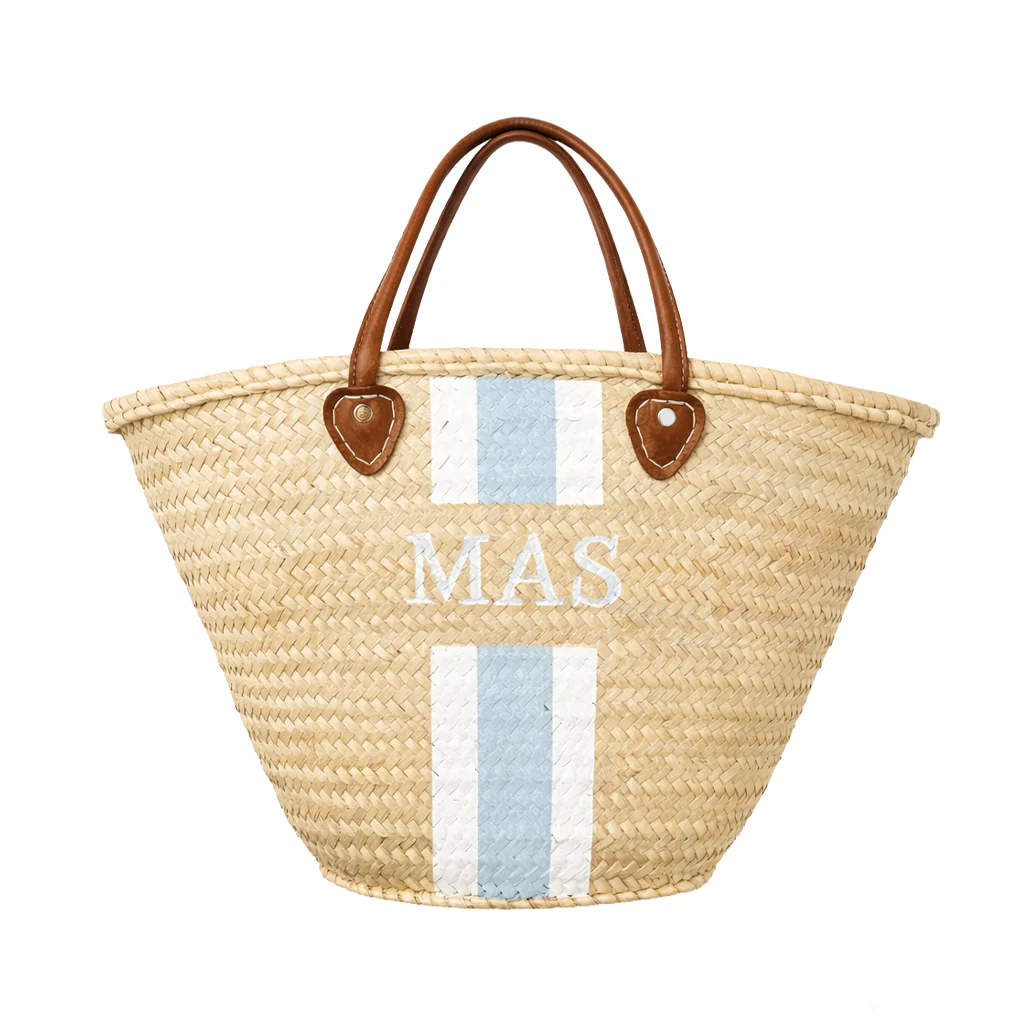 Wicker beach bag with painted stripe detail and personalized mongram