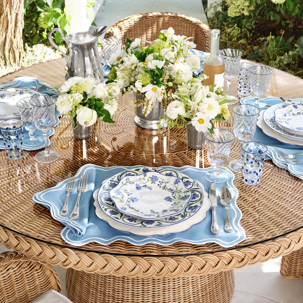 beautiful blue interiors with blue and white wallpaper and wicker - Aerin x Williams Sonoma