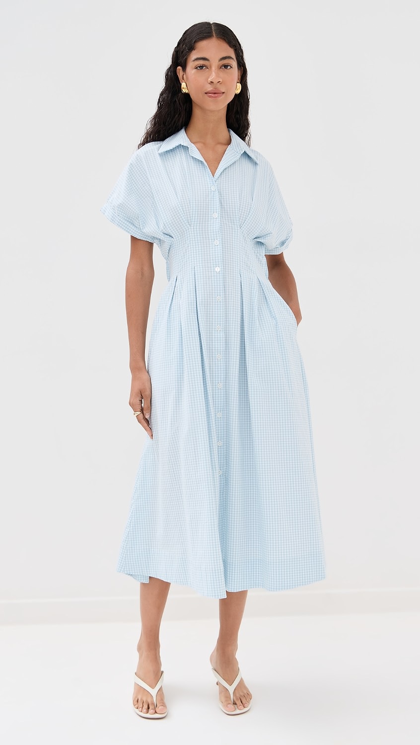 Blue and white stripe button-down dress with a classic silhouette