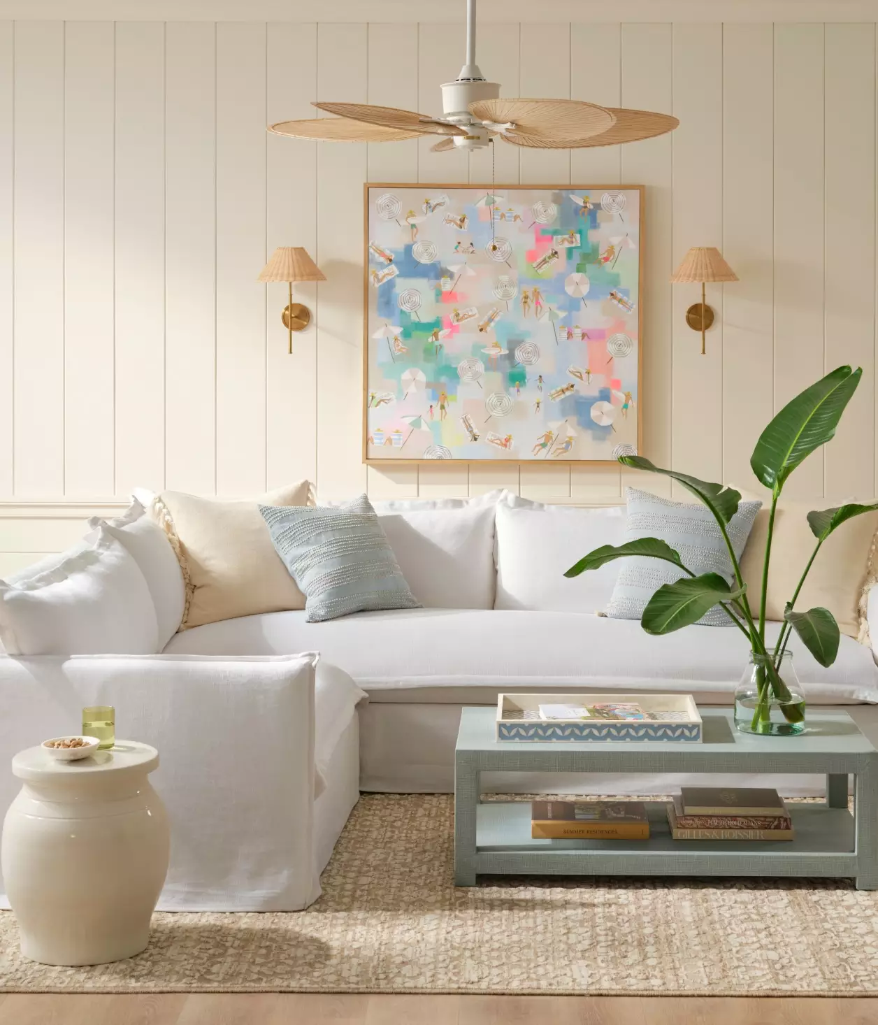 Indoor outdoor living rooms with secctional sofa designed for entertaining, where you are invited to linger in style and effortless charm.  Serena and Lily