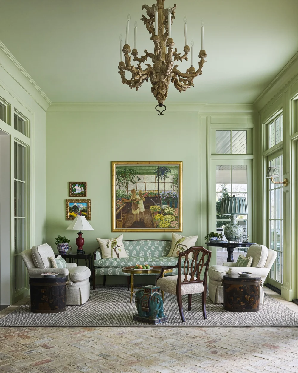 Take a look at a few collected living rooms that become experiences making us want to linger just a little longer. Take a look at favorites! Jenkins Interiors | K8 Creative Photography - love the green walls with the beautiful art