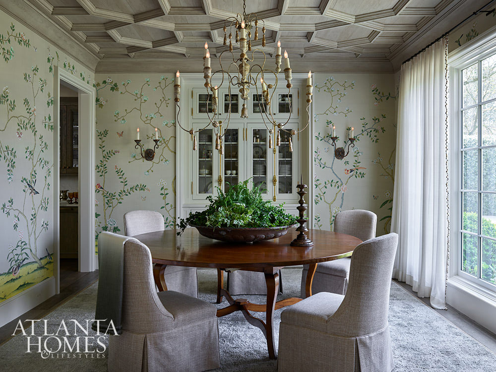 A Beautiful Traditional Home Inside and Out - Source Atlanta Homes & Lifestyles | Interior Design by Andrea Henzlik Design  | Architect Greg Busch Architects | Photographed by Emily Followill | Styled by Eleanor Roper  | Landscape Architect Carson McElheney, Hamilton Land Services Inc | Builder Roger Balko - love the architectural details on the ceiling in the hand-painted dining room