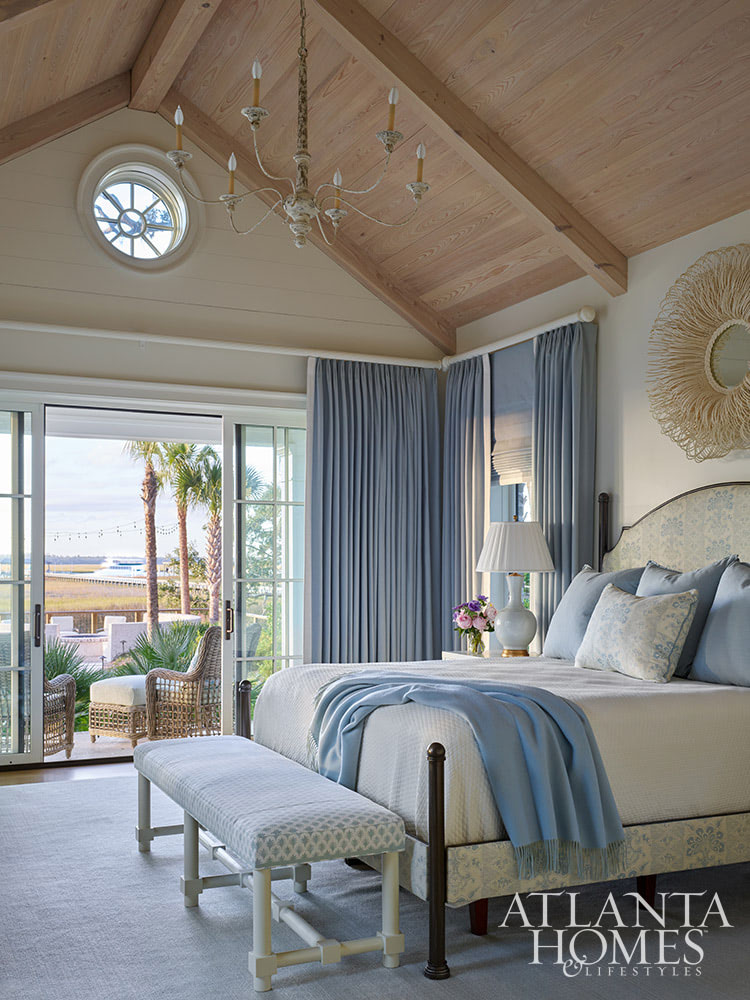 Heather Dewberry, one of our favorite designers,  Architect Josh Youngner,  Builder Matthew McHale, Ramsey McHale, and Landscape Architect Sea Island Landscape, and Stylist Jimmie Henslee in this months Atlanta Home & Lifestyle, make designing a coastal oasis look effortless. Love the blue and white bedroom with the wood paneled vaulted ceiling 