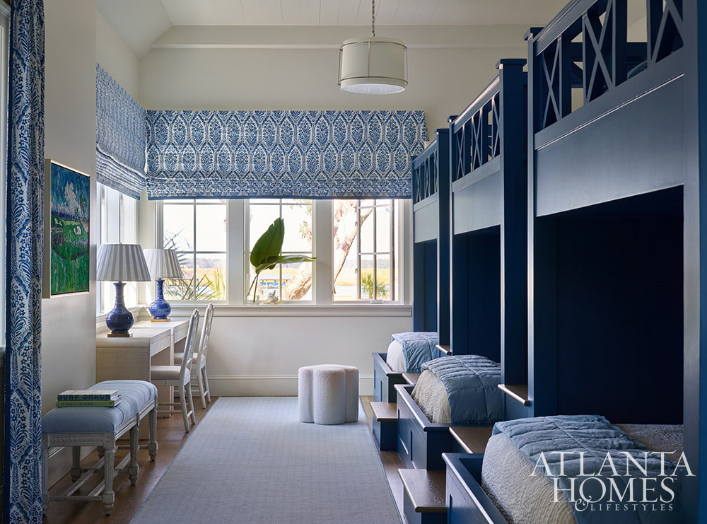 Heather Dewberry, one of our favorite designers,  Architect Josh Youngner,  Builder Matthew McHale, Ramsey McHale, and Landscape Architect Sea Island Landscape, and Stylist Jimmie Henslee in this months Atlanta Home & Lifestyle, make designing a coastal oasis look effortless. Love the blue and white bunk room with triple bunkbeds