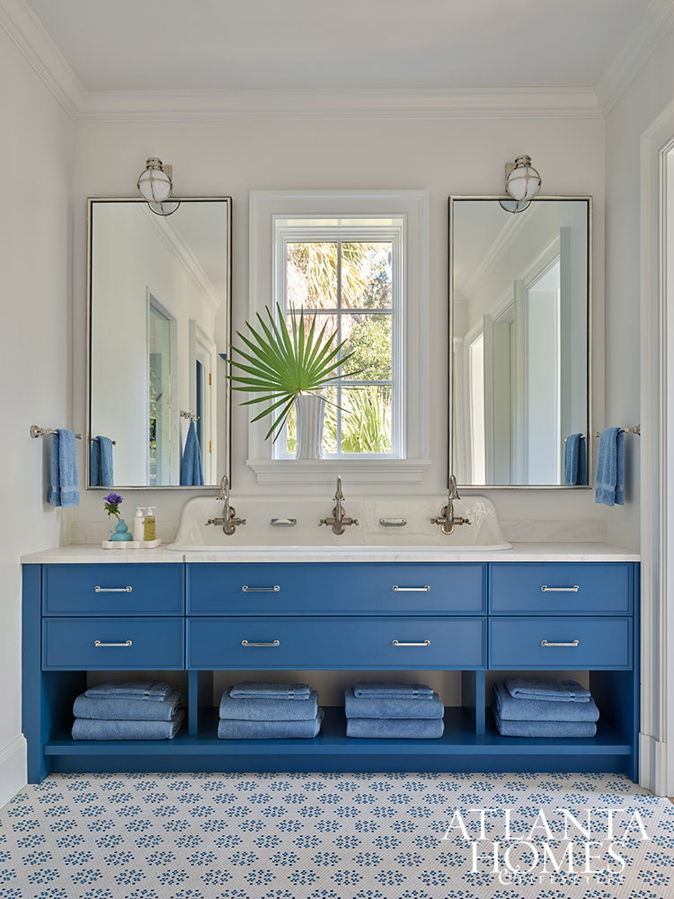 Heather Dewberry, one of our favorite designers,  Architect Josh Youngner,  Builder Matthew McHale, Ramsey McHale, and Landscape Architect Sea Island Landscape, and Stylist Jimmie Henslee in this months Atlanta Home & Lifestyle, make designing a coastal oasis look effortless. Love the blue and white bathroom
