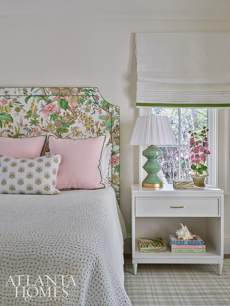 Heather Dewberry, one of our favorite designers,  Architect Josh Youngner,  Builder Matthew McHale, Ramsey McHale, and Landscape Architect Sea Island Landscape, and Stylist Jimmie Henslee in this months Atlanta Home & Lifestyle, make designing a coastal oasis look effortless. Love the charming pink and green headboard in the guestroom