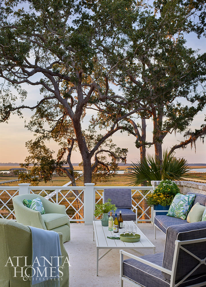 Heather Dewberry, one of our favorite designers,  Architect Josh Youngner,  Builder Matthew McHale, Ramsey McHale, and Landscape Architect Sea Island Landscape, and Stylist Jimmie Henslee in this months Atlanta Home & Lifestyle, make designing a coastal oasis look effortless. Love the blue and green fabric on the  porch