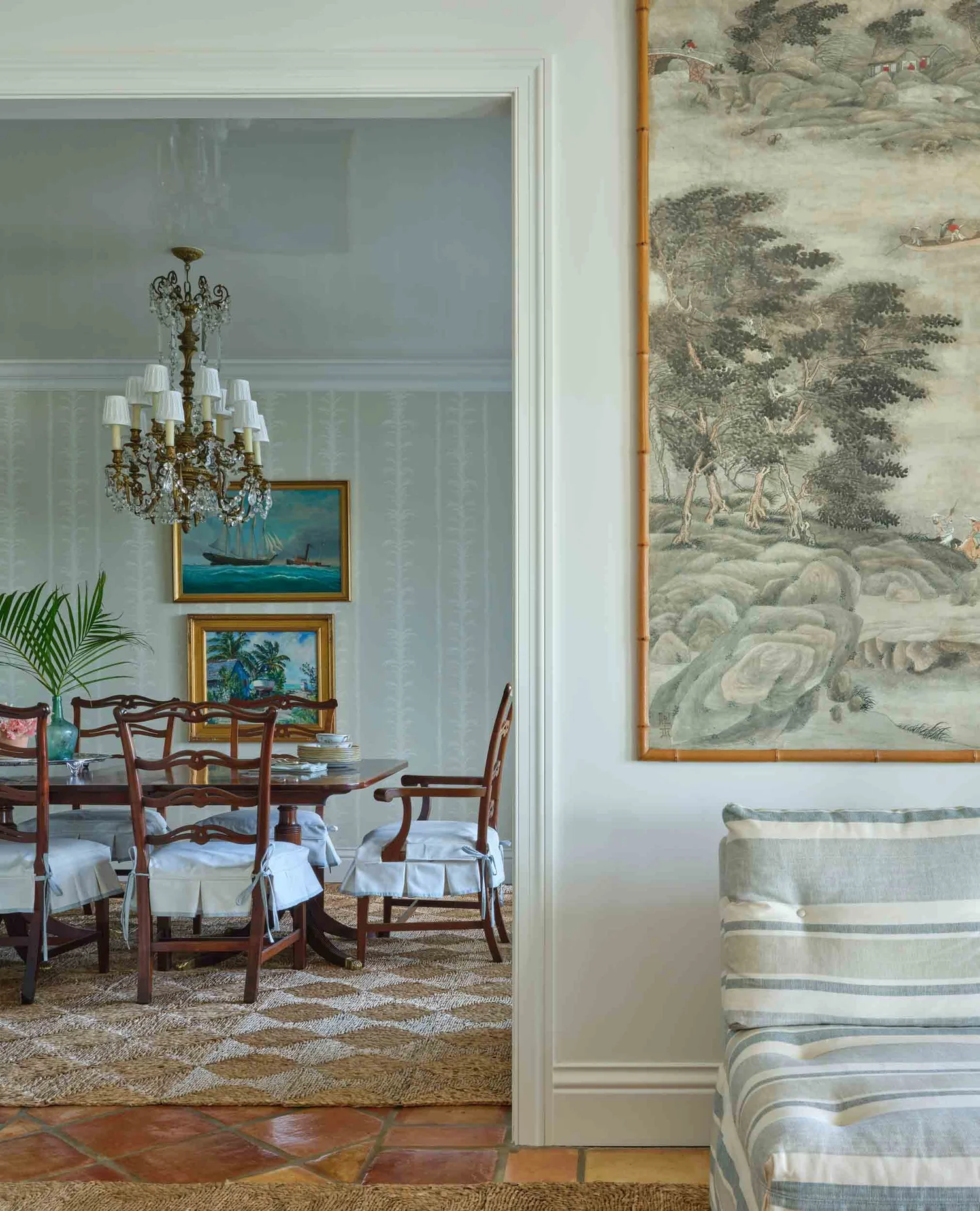 Tour a traditional coastal home with beautiful antiques, collected charm, and a relaxed seaside feel. You'll love every fabulous detail! Beautiful  Rush house rug in dining room