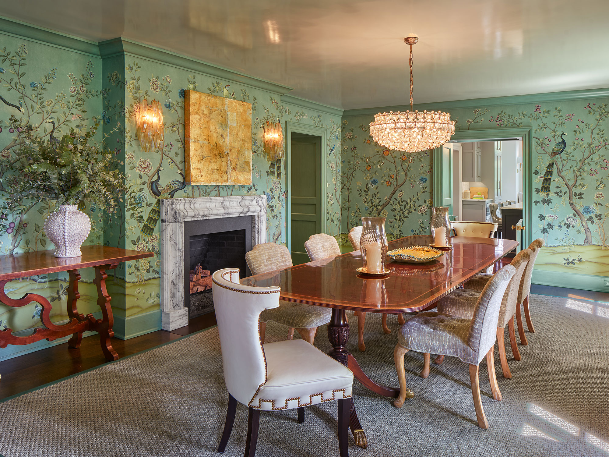 Archer & Buchanan Architects | Halkin | Mason Photography -We’d say this beautiful, traditional home, designed by Archer & Buchanan hits all the high notes of style. That is as livable and updated as it is fresh and character-filled. dining room with long oval table and handpainted deGournay wallpaper