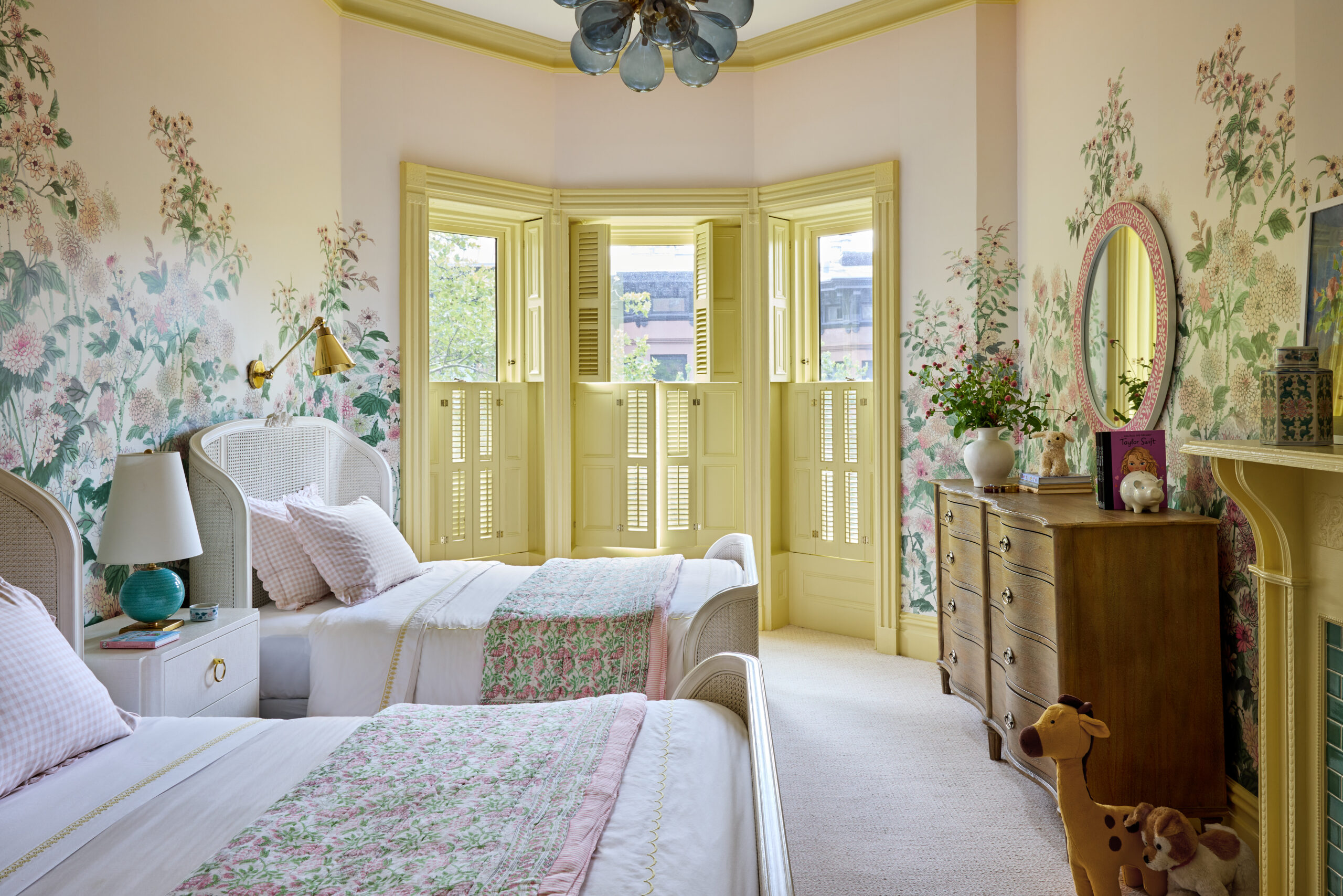 Jennifer Hunter Design | Kristen Francis Photography | Frances Bailey Styling = Charming girls' room with handpainted wallpaper and yellow trim