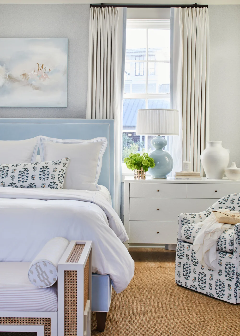 Sometimes a blue and white palette can feel predictable, but in this utterly charming Kara Miller-designed beach house, photographed by , Laurey W. Glenn and styled by Lindsey Ellis Beatty, it feels fresh and inviting. The various color tones, natural materials, and textured accents ground each space, creating a livable home with plenty of style.