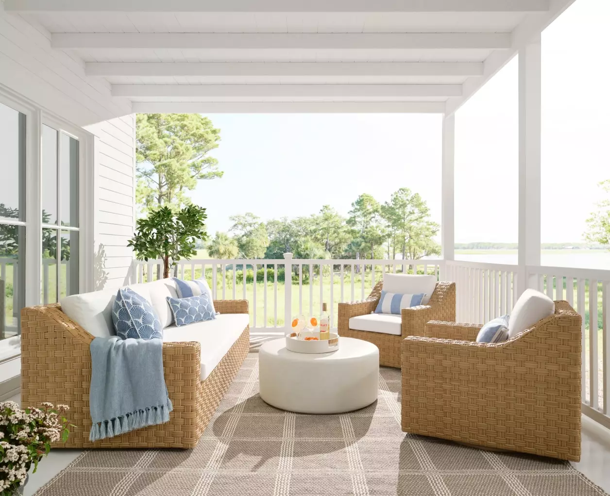 Porch designed for entertaining, where you are invited to linger in style and effortless charm.  Serena and Lily