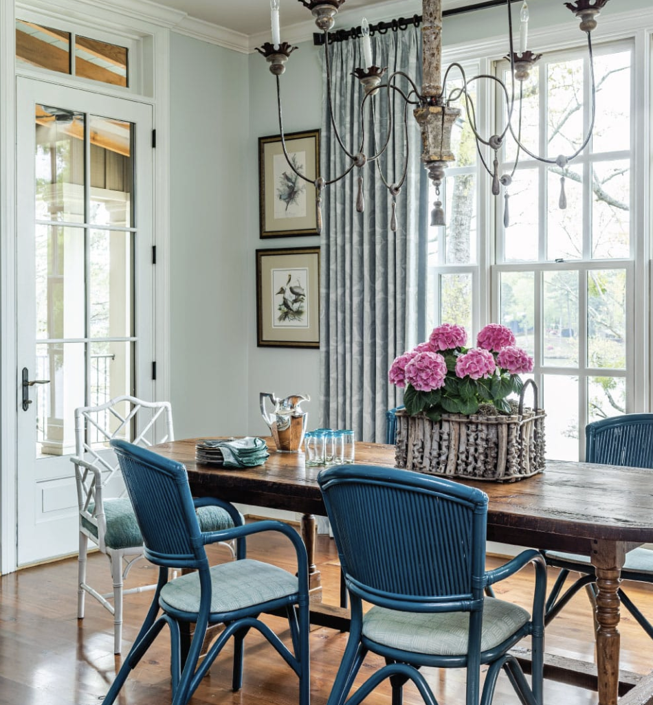  This stunning traditional home, designed byAlexa Stevenson Interiors, with photography by Jeff Herr, is the perfect mix of traditional touches and updated details, well-suited for family, entertaining and more. breakfast room with rectangular table and chippendale chairs