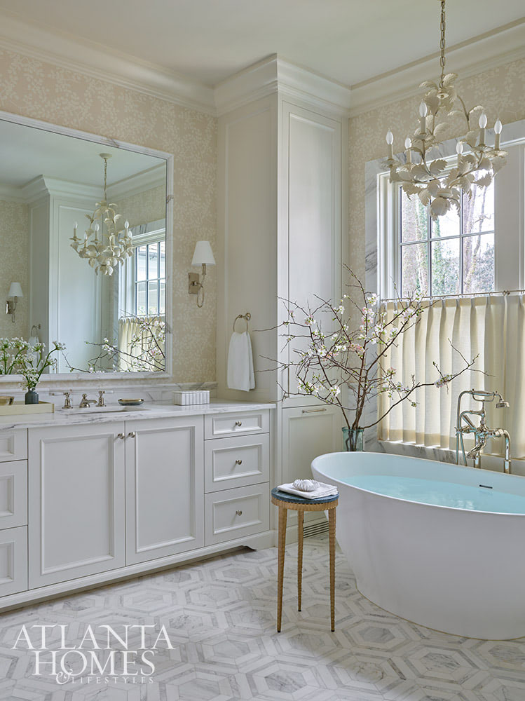 Source: Atlanta Homes & Lifestyles | Interior Design: Nancy Izlar Interiors | Architect: Caroline Rolader, REU Architects | Builder: Wright Marshall and Greg DeLoach, Revival Construction | Landscape Architect: Land Plus | Photographed by Emily Followill | Styled by Holly Bryan and Erin Haraway - beautiful freestanding tub in the primary bathroom