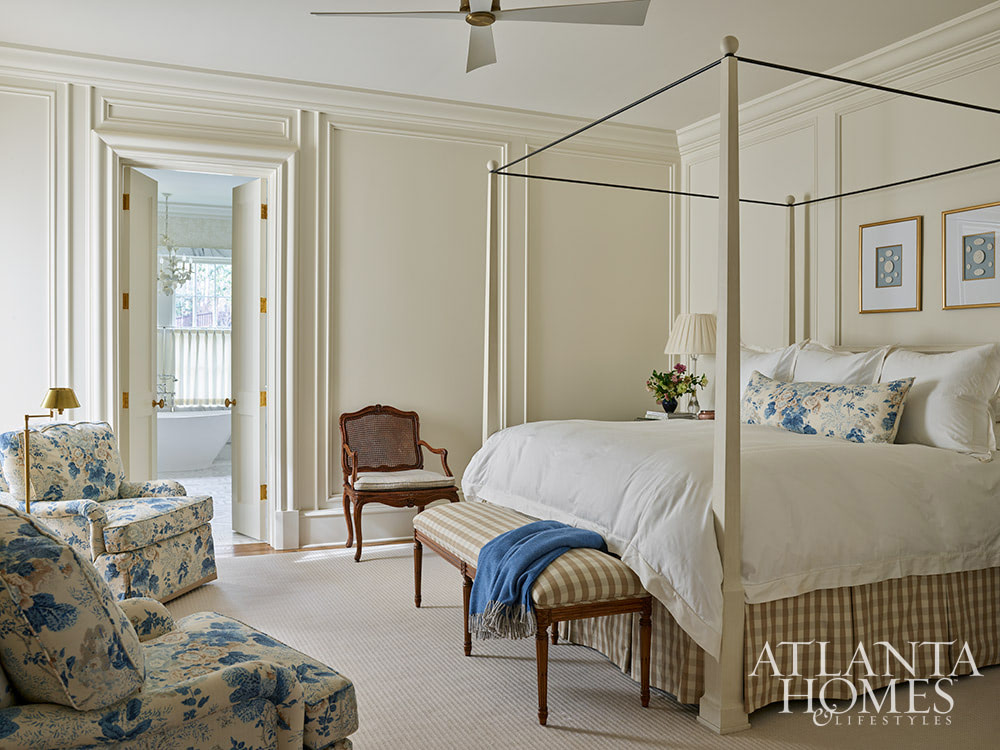 Source: Atlanta Homes & Lifestyles | Interior Design: Nancy Izlar Interiors | Architect: Caroline Rolader, REU Architects | Builder: Wright Marshall and Greg DeLoach, Revival Construction | Landscape Architect: Land Plus | Photographed by Emily Followill | Styled by Holly Bryan and Erin Haraway - beautiful bedroom with white canopy bed and architectural molding on walls
