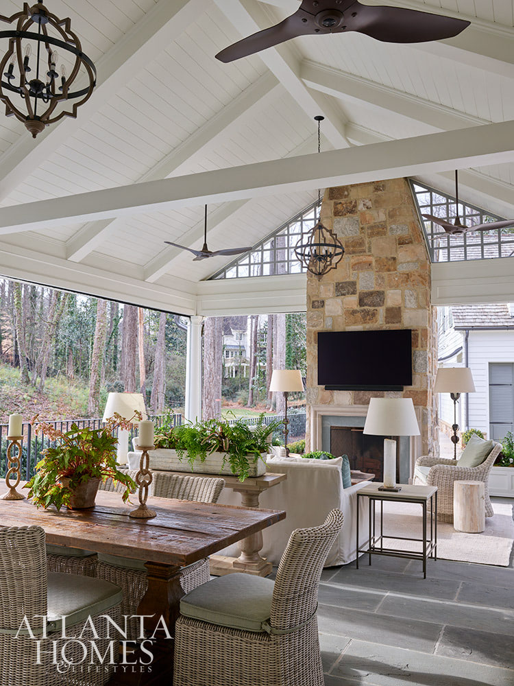 Source: Atlanta Homes & Lifestyles | Interior Design: Nancy Izlar Interiors | Architect: Caroline Rolader, REU Architects | Builder: Wright Marshall and Greg DeLoach, Revival Construction | Landscape Architect: Land Plus | Photographed by Emily Followill | Styled by Holly Bryan and Erin Haraway - beautiful proch with stone fireplace