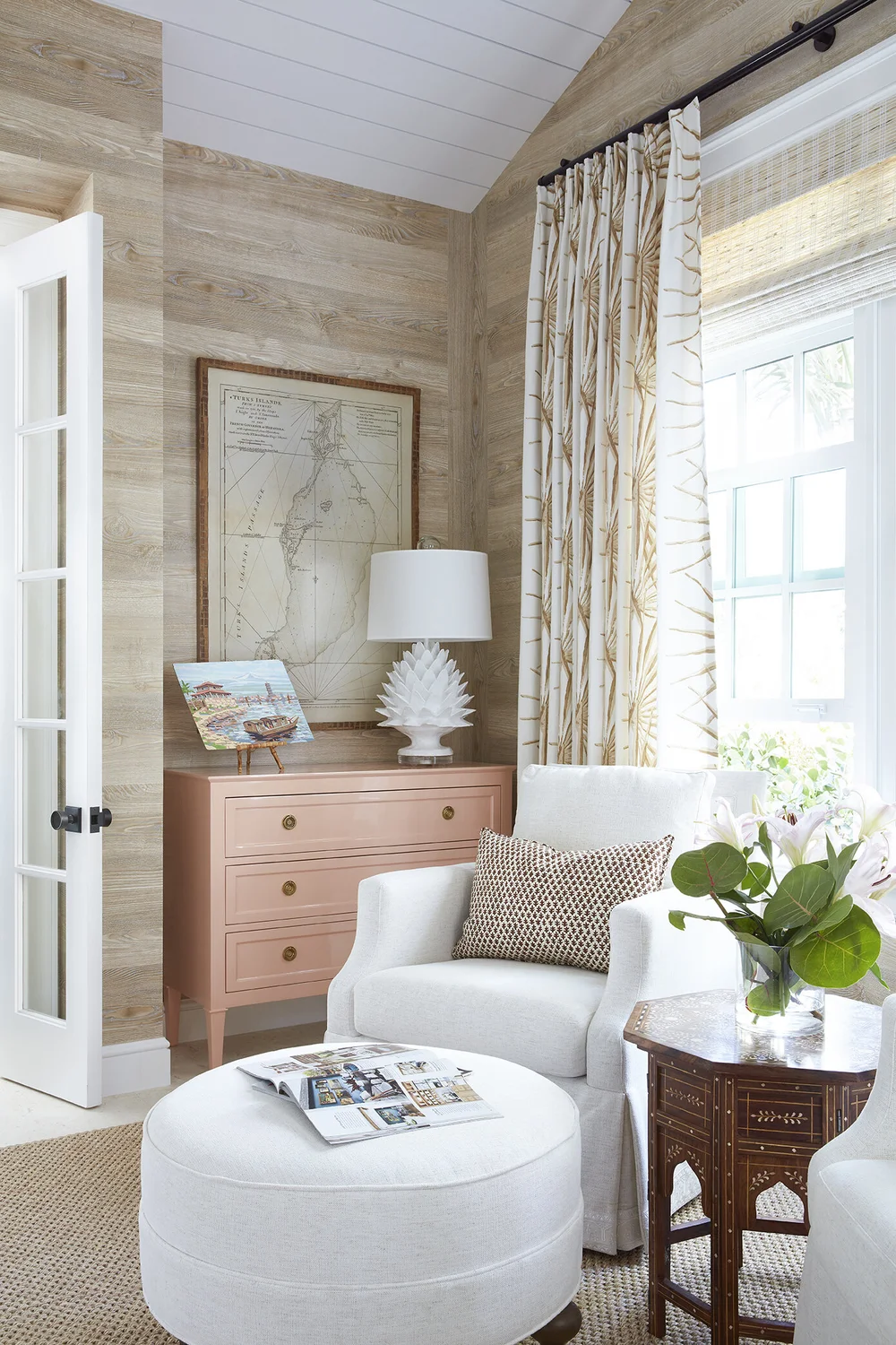 Kara Miller Interiors | Brantley Photography - beautiful neutral living room with blonde wood walls and white club chairs