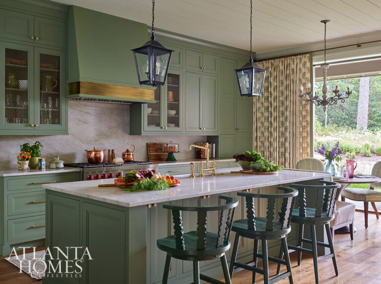 Source: Atlanta Homes & Lifestyles | Interior Design: Carolyn Kendall of Alcott Interiors | Shannon Hargrove of Logan Custom Homes | Emily Followill Photography - green kitchen in dream mountain house