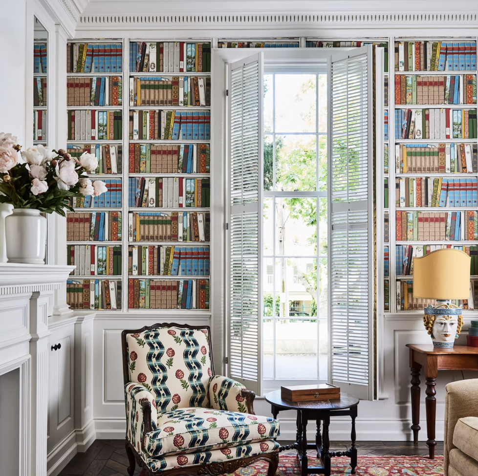 Maine House design Photography: Lisa Cohen |  Styling: Tess Newman Morris   - love the books wallpaper that I believe is from Brunswig and Fils