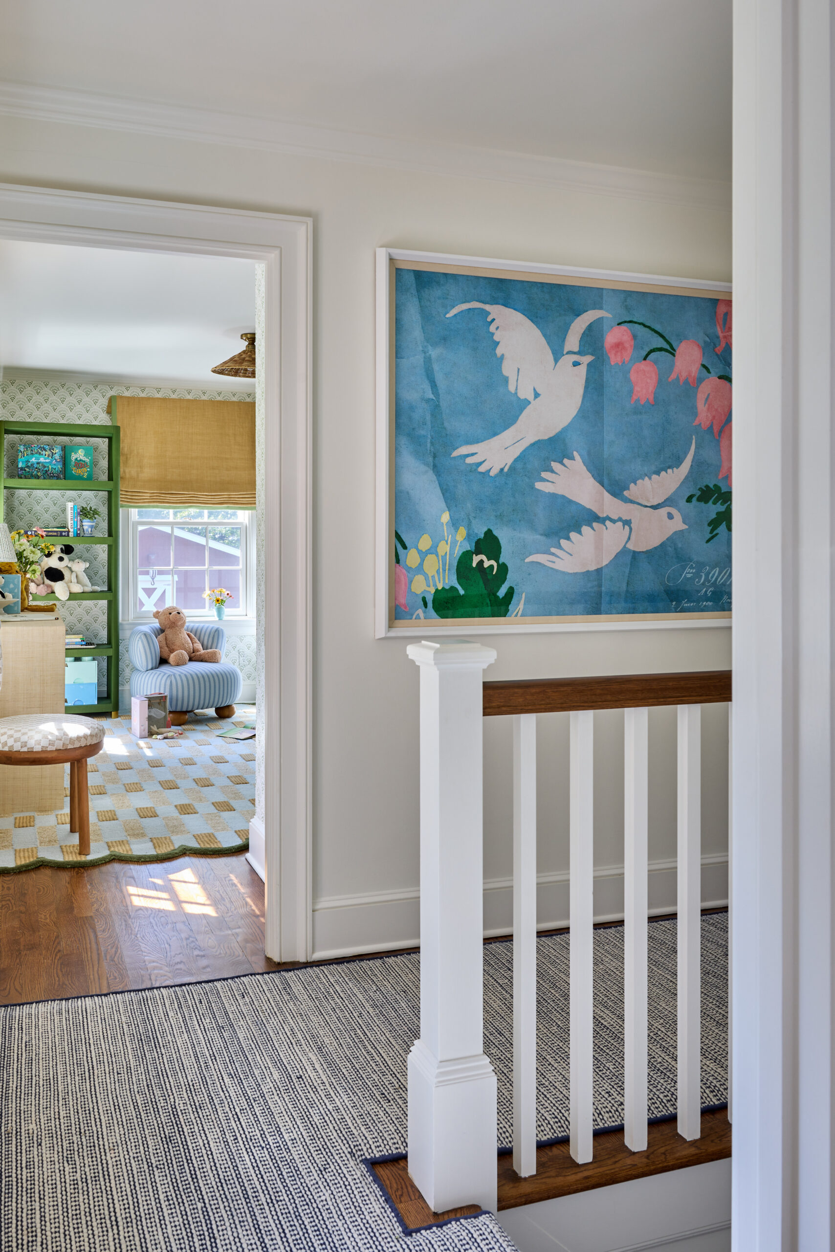 Love the colorful art in this charming Bedford home