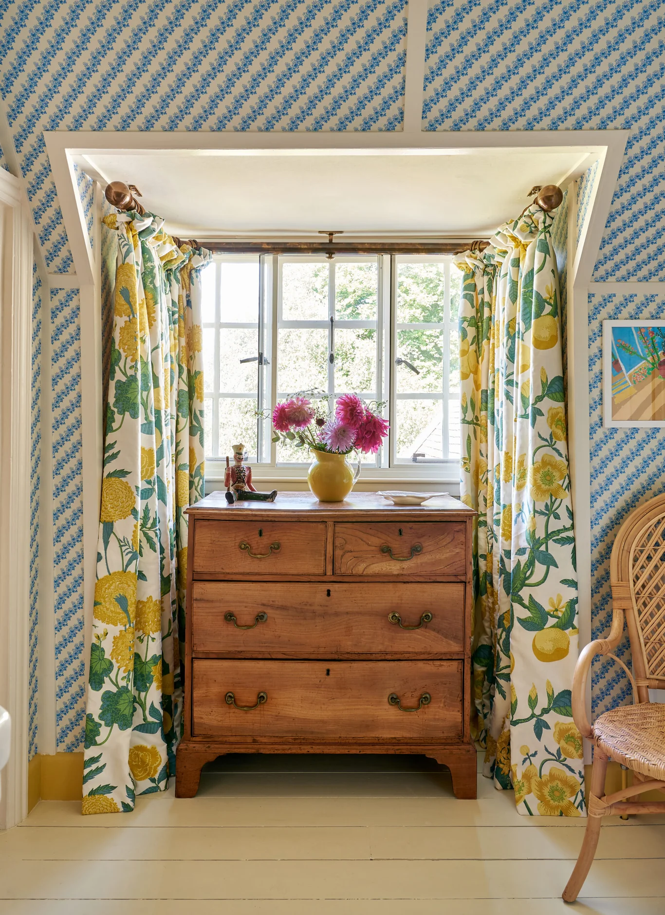 Vanrenen Hanbury Interior Design | Mike Garlick Photography - love the yellow and green lemon fabric with blue and white stripe wallpaper in the bedroom