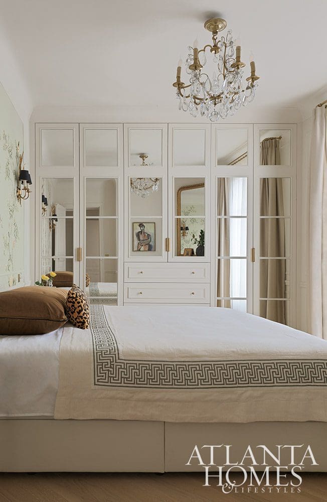  Bedroom with Greek key duvet and crystal chandelier - Source: Atlanta Homes & Lifestyles | Interior Design: Ann Huff, Huff Harrington |  Photographed by Joan Porcel