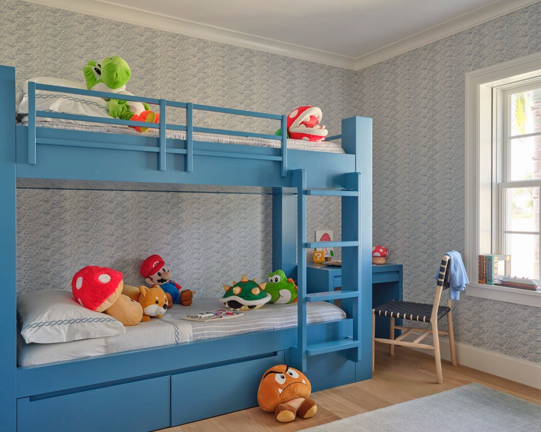 Palm Beach home blue bunk beds with blue and whtie wallpaper and blue desk and chair - Caitlin Kah Interior Design | Brantley Photography