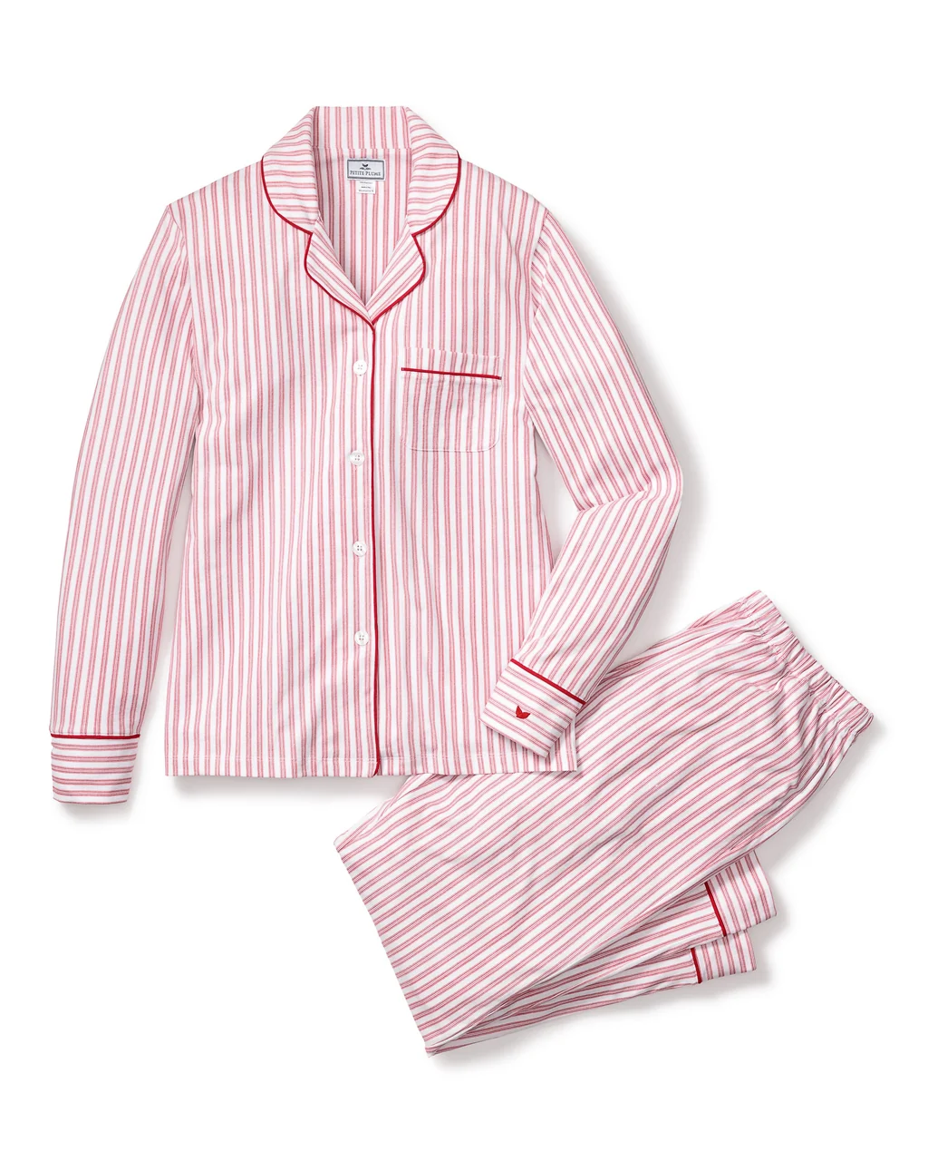 Petite Plume women's pima pajama set in red and white antique ticking stripe
