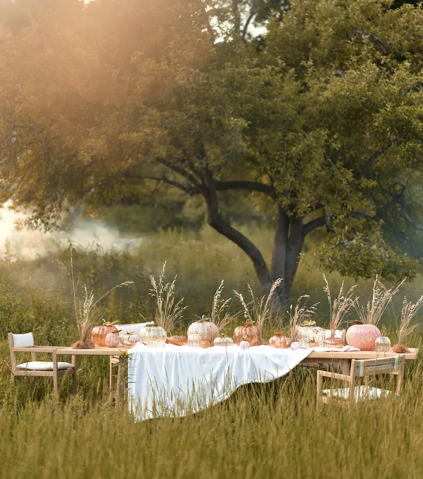 An elegant outdoor Thanksgiving tablescape featuring a relaxed tablecloth, styled with decorative pumpkins and fresh natural reed grasses for an organic autumn look.