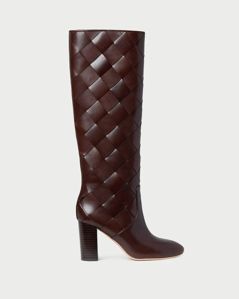 Loeffler Randall Goldy woven dark espresso leather knee-high boot styled against a clean, minimalist fashion backdrop. 