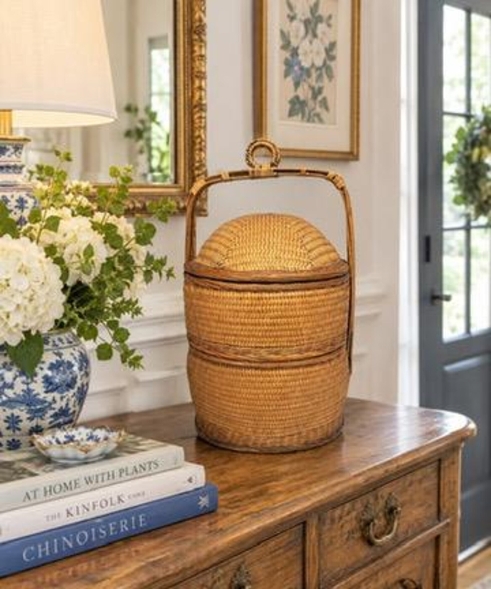 Authentic Vintage Chinese Wedding Basket styled as an entry statement piece to bring old world charm and global history.