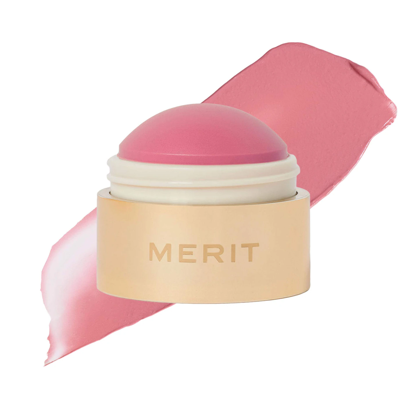Merit Flush Balm cream cheek blush in the soft baby pink Stockholm shade displaying a clean, luxury beauty aesthetic.